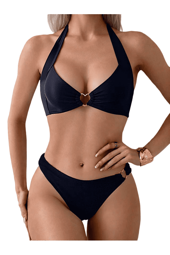 Women's Solid Black Heart Metal Ring Halter Bikini Set, Deep V Ruched Front Padded Halter Swim Top & High Cut Heart Hardware Side Strap Bikini Brief, Slimming Curvy Bathing Suit for Beach Pool Cruise