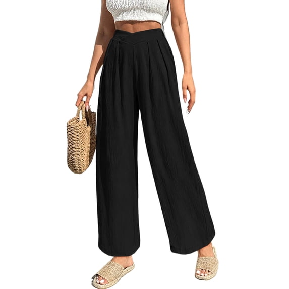 Women's Solid Black Loose Pants – Casual High Waist Criss Cross Trousers for Daily Wear, 2XL