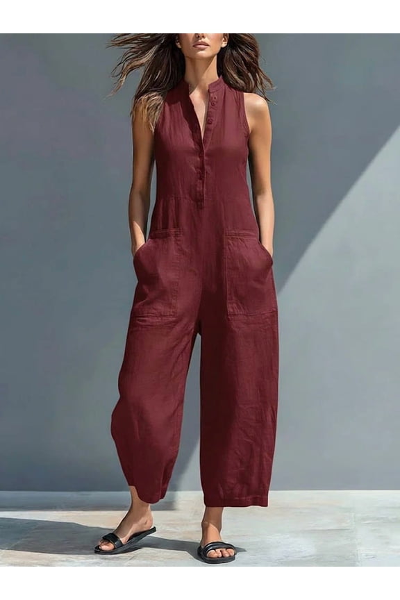 Women's Solid Black Stand Collar Partial Placket Sleeveless Pocket Linen Jumpsuit Cropped Ankle Loose Leg