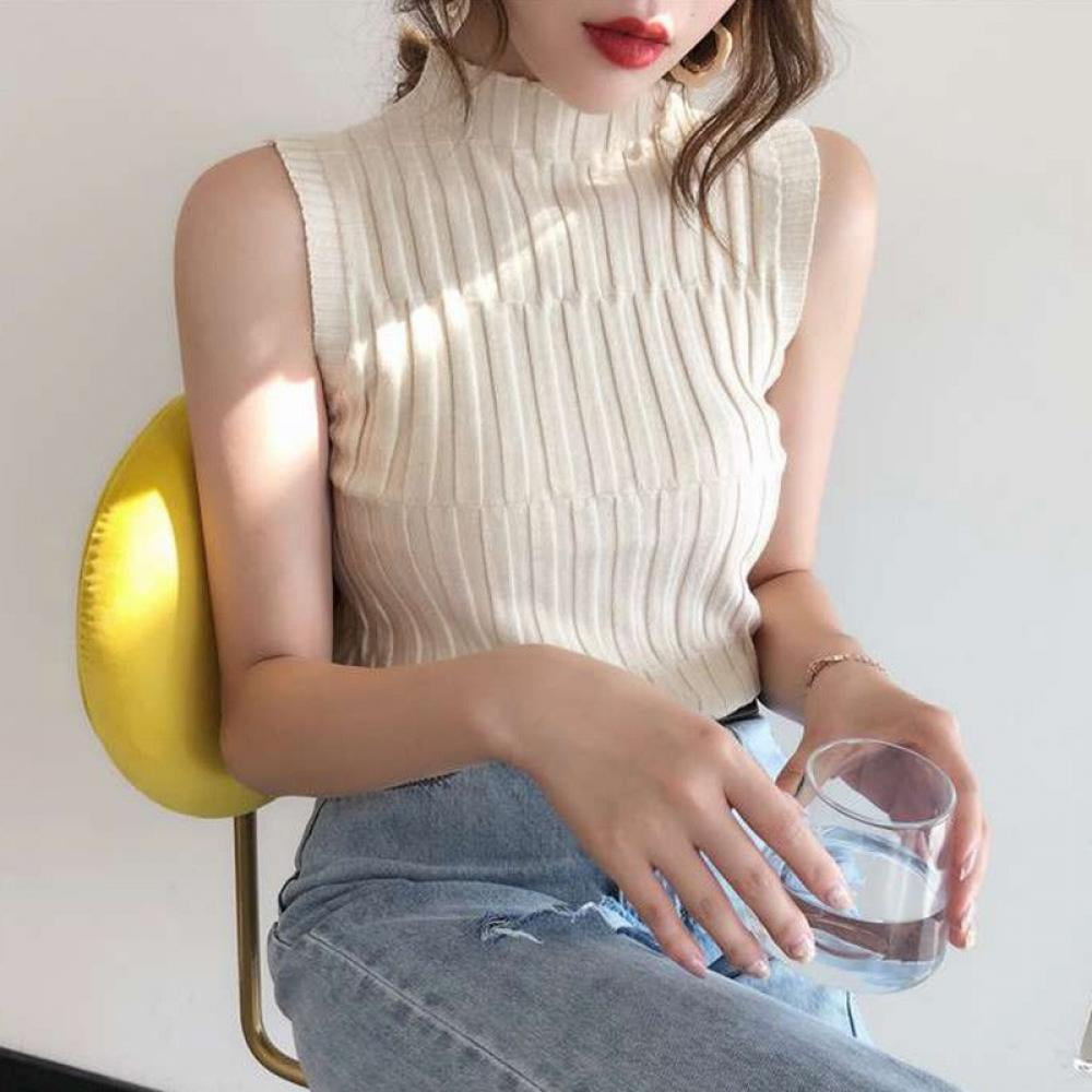 Women's Solid Block Knitted Mock Neck Tank Tops Slim Half Turtleneck ...