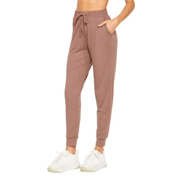 Women's Solid Brushed Jogger Pants With Pocket, MOCHA S