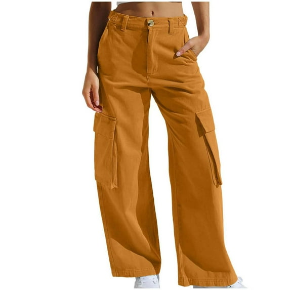 Women's Solid Buckle Cargo Pants Hiking Sweatpants with Multi-Pockets Loose Ourdoor Straight Length Trousers