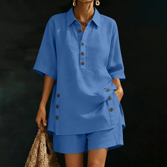 Women's Solid Button Collar Top And Elastic Waist Pocket Shorts Two-Piece Linen Set