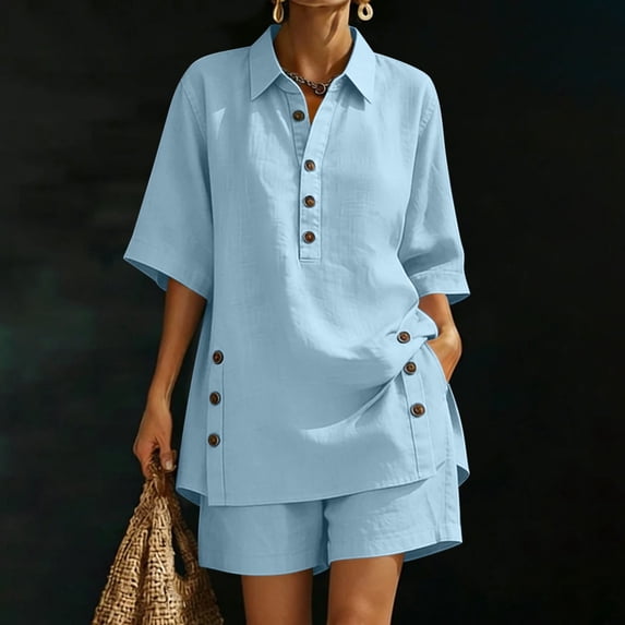 Women's Solid Button Collar Top And Elastic Waist Pocket Shorts Two-Piece Linen Set