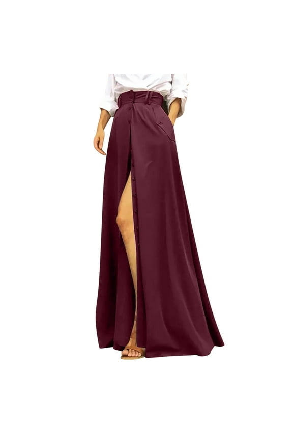 Women's Solid Button High Waist Split Maxi Skirt Casual Slit Hem Elegant Button-Front Long Maxi Skirts with Pocket