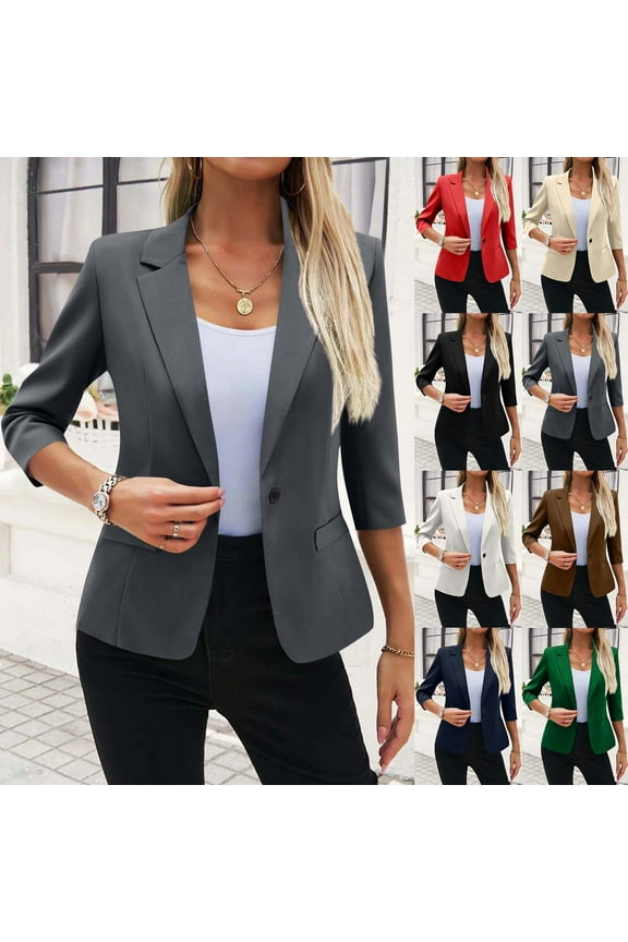 Women's Solid Button Suit Coat Blazer 3/4 Sleeve Casual Blouse Coat for Women Business Casual Office Work Attire Spring Fall Fashion | CSEONE,Navy L