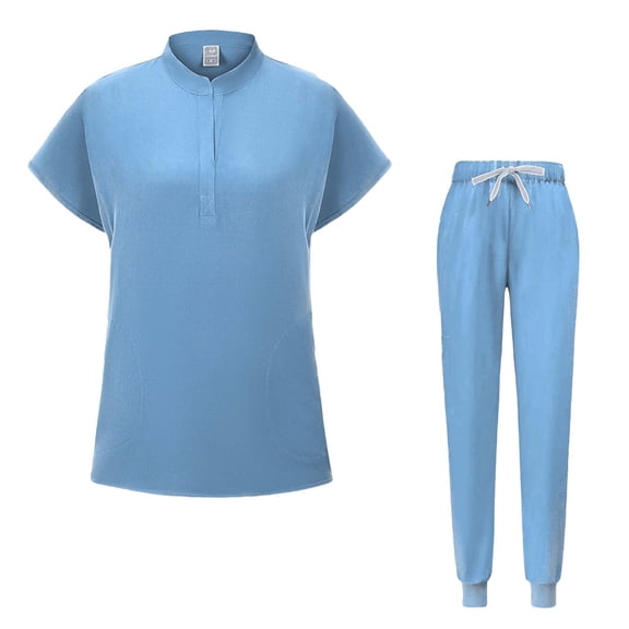 Women's Solid Caregiver Workwear 2-Piece Set - Stand-Collar Short-Sleeve Blouse & Drawstring Elastic-Waist Cuffed Pants with Pockets