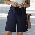 thumbnail image 1 of Women's Solid Casual 5 Inch Shorts with Elastic Waistband Button Closure, Nylon Spandex Stretchy Fit, Tummy Control Comfortable Everyday Wear, Mid Rise Versatile Summer | TruBelle,Navy L, 1 of 8