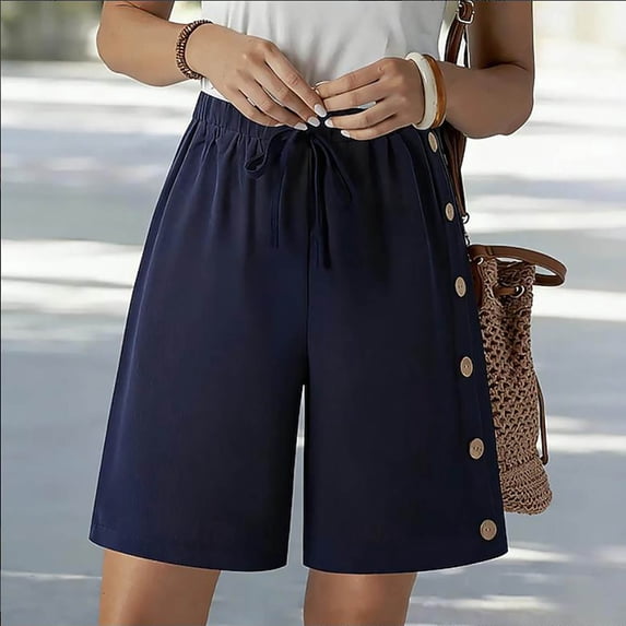 Women's Solid Casual 5 Inch Shorts with Elastic Waistband Button Closure, Nylon Spandex Stretchy Fit, Tummy Control Comfortable Everyday Wear, Mid Rise Versatile Summer | TruBelle,Navy L