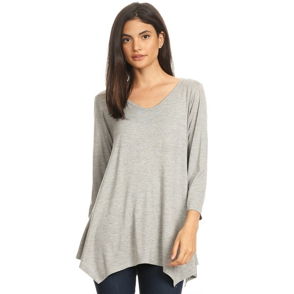 Women's Solid Casual Basic V-Neck 3/4 Sleeve Swing Tunic Dress Tops