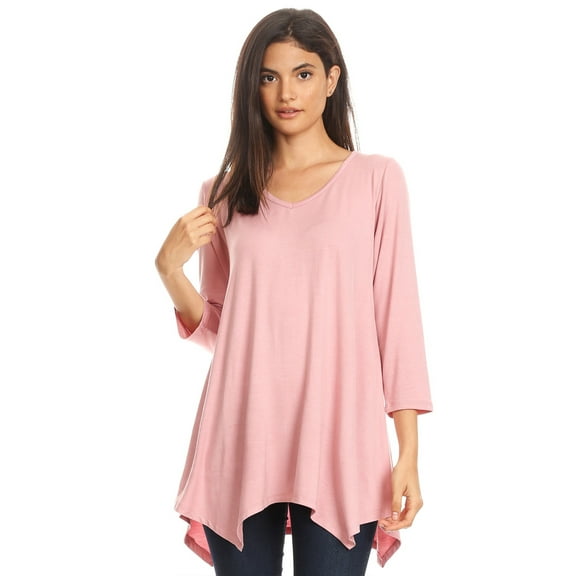 Women's Solid Casual Basic V-Neck 3/4 Sleeve Swing Tunic Dress Tops