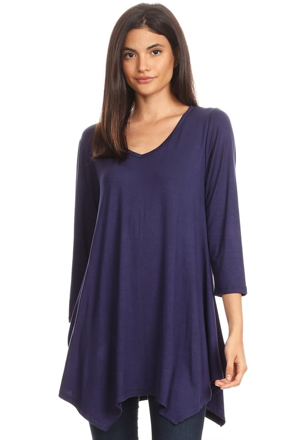 Women's Solid Casual Basic V-Neck 3/4 Sleeve Swing Tunic Dress Tops