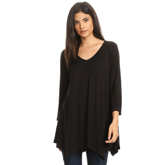 Women's Solid Casual Basic V-Neck 3/4 Sleeve Swing Tunic Dress Tops