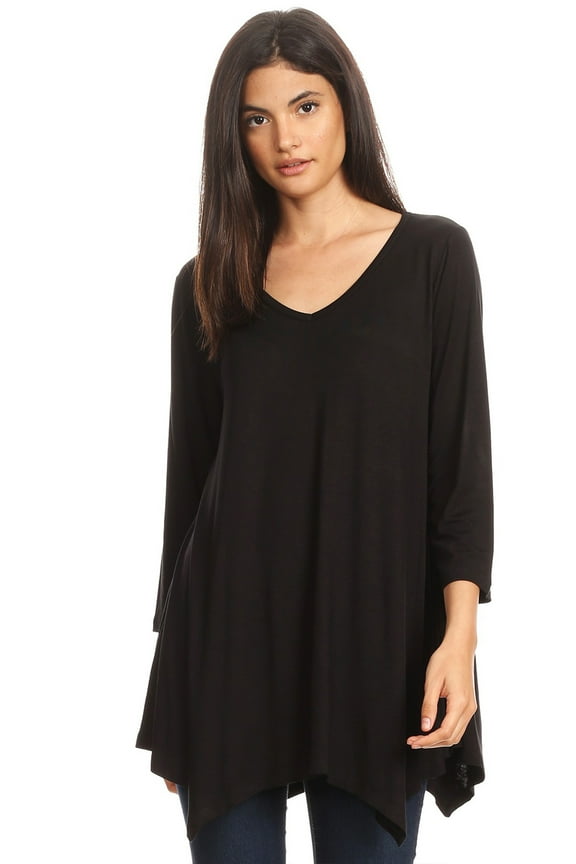 Women's Solid Casual Basic V-Neck 3/4 Sleeve Swing Tunic Dress Tops