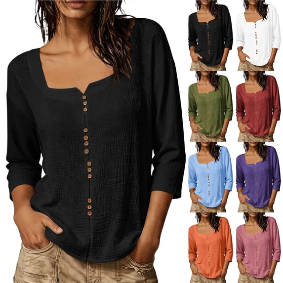 Women's Solid Casual Button Placket V Neck 3/4 Sleeve Top, Daily Commute Pullover Blouse Shirt for Spring Fall Black XL(XL)