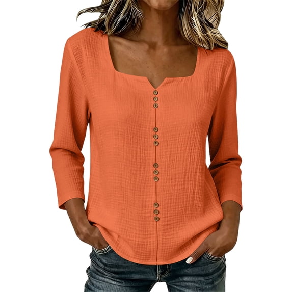 Women's Solid Casual Button Placket V Neck 3/4 Sleeve Top, Daily Commute Pullover Blouse Shirt for Spring Fall Orange M(M)
