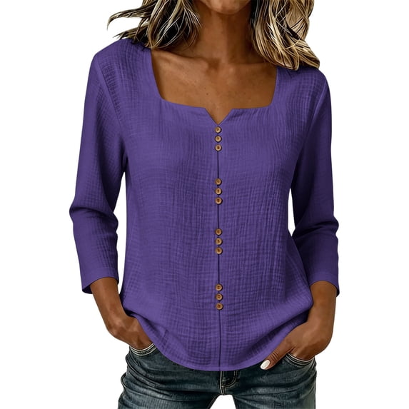 Women's Solid Casual Button Placket V Neck 3/4 Sleeve Top, Daily Commute Pullover Blouse Shirt for Spring Fall Purple XXXL(XXXL)
