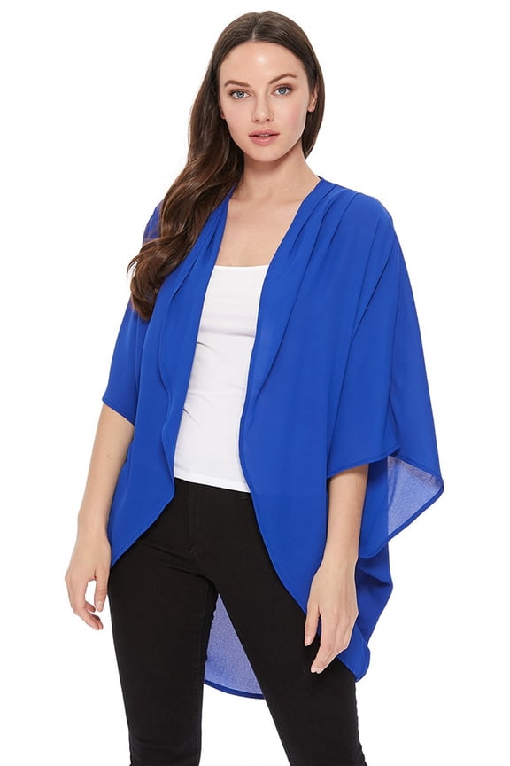 Women's Solid Casual Chiffon Kimono Sleeve Open Front Cardigan Cape Royal Blue L