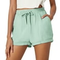thumbnail image 1 of Women’s Solid Casual Cotton Drawstring Pocket Shorts Comfortable Beach Summer Relaxed Fit Elastic Waist Lightweight Breathable, 1 of 9