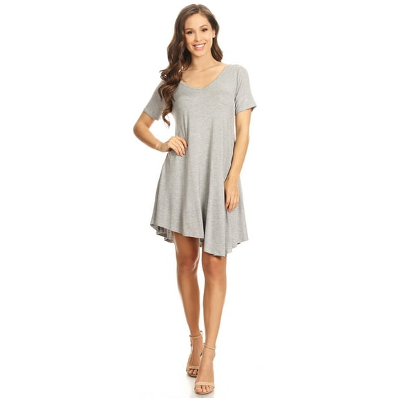 Moa Collection Women's Solid Relaxed Fit Midi Dress – Short Sleeve Asymmetric Hem Style