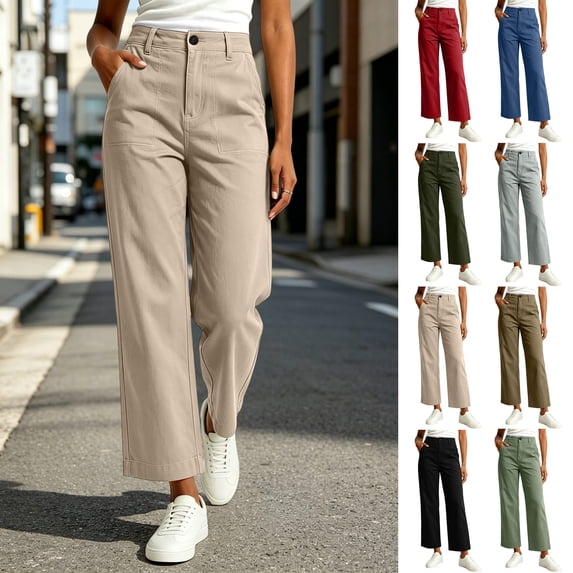 Women's Solid Casual Pants, High Waist Straight Wide Leg Trousers, Soft Polyester Long Pants with Pockets for Business Work Outdoor | UKHCCC,Beige M