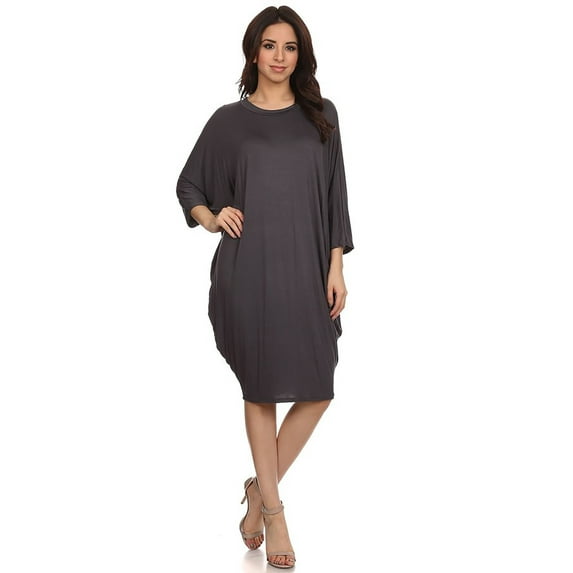 Women's Solid Casual Sexy Relax fit Dolman 3/4 Sleeve Side Draped Midi Dress/Made in USA