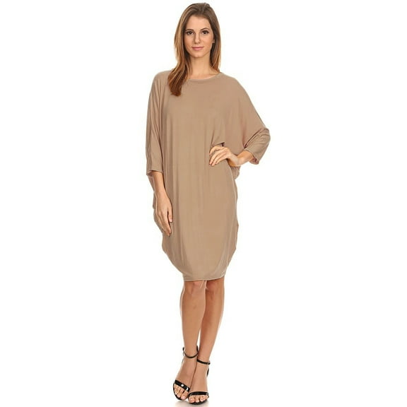 Women's Solid Casual Sexy Relax fit Dolman 3/4 Sleeve Side Draped Midi Dress