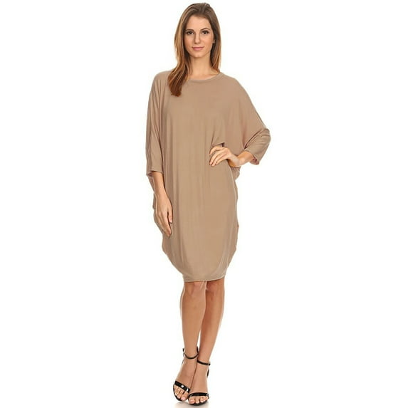 Women's Solid Casual Sexy Relax fit Dolman 3/4 Sleeve Side Draped Midi Dress/Made in USA
