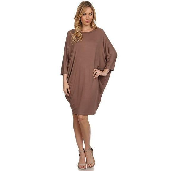 Women's Solid Casual Sexy Relax fit Dolman 3/4 Sleeve Side Draped Midi Dress/Made in USA