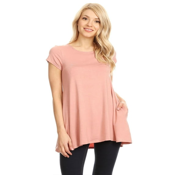 Women's Solid Casual Short Sleeve Loose Fit pockets Knit Tunic Top S-3XL