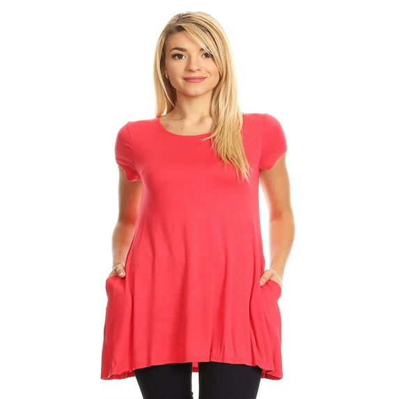 Women's Solid Casual Short Sleeve Loose Fit pockets Knit Tunic Top S-3XL
