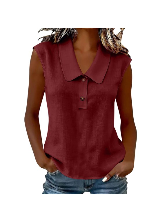 Women's Solid Casual Sleeveless Lapel Doll Collar Knot Half Button Placket Pullover Top