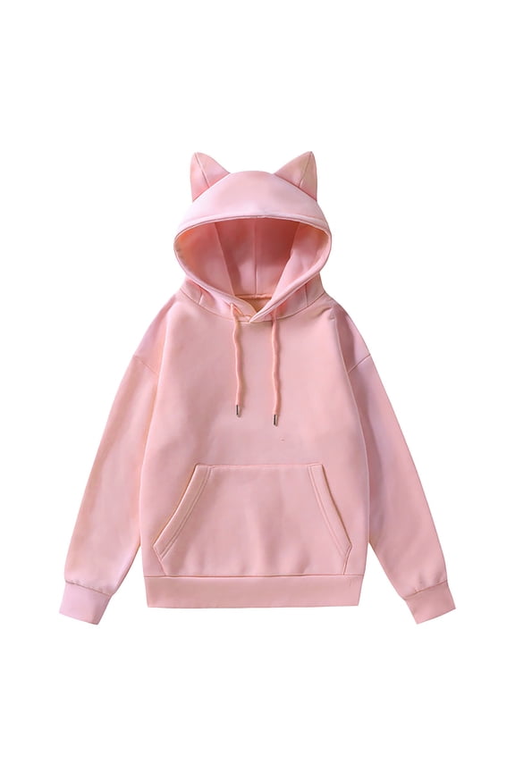 Women's Solid Cat Ear Lined Pullover Hoodie Sweatshirt, Cute Couple Drop Shoulder Hooded Sweatshirt, Winter Warm Plush Hoodie Sweatshirt