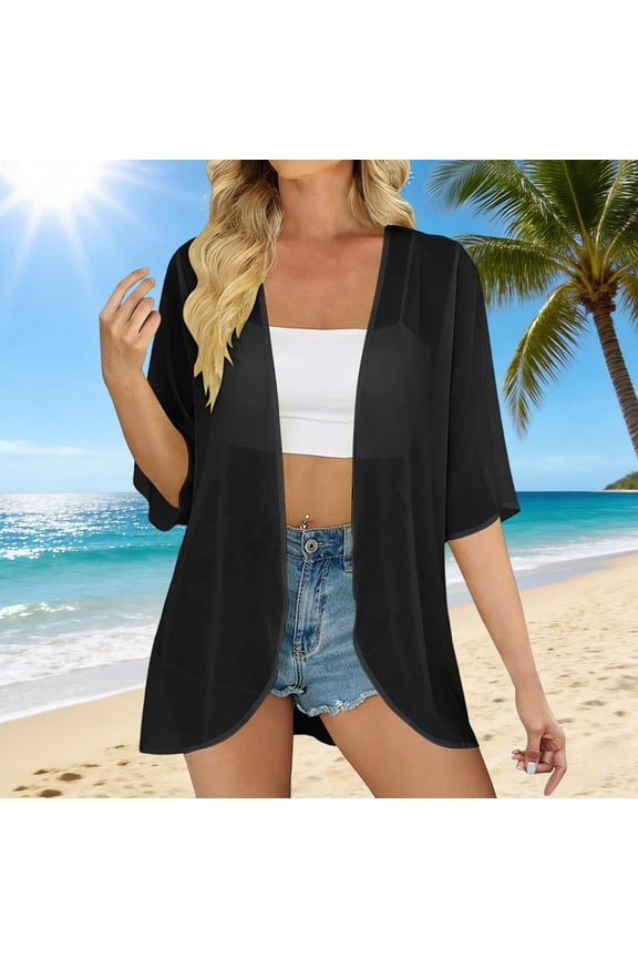 Women's Solid Chiffon Lightweight Blouse Soft Cardigan Jacket