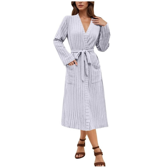 Women's Solid Classic Long Bathrobe Bandage Pull Rope Nightgown Relaxed Fit Pajama Top Long Sleeve Shawl Spa Robe With Pockets