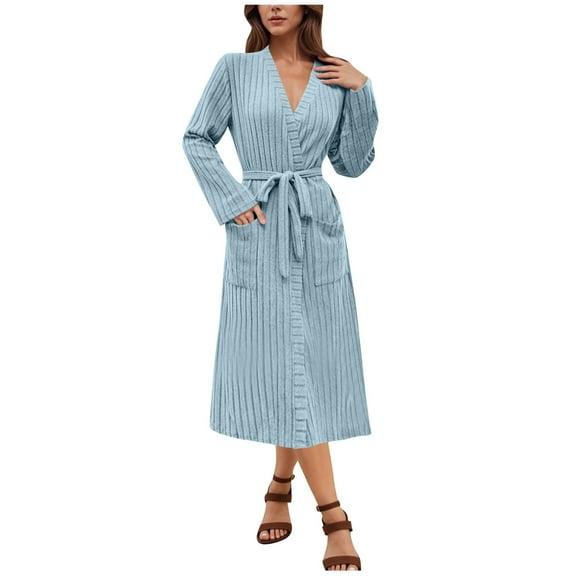 Women's Solid Classic Long Bathrobe Bandage Pull Rope Nightgown Relaxed Fit Pajama Top Long Sleeve Shawl Spa Robe With Pockets
