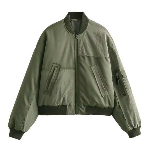 Women's Solid Coat Long Sleeve Pocket Casual Zipper Flying Jacket Cotton Coat Long Sleeve Cotton Coat