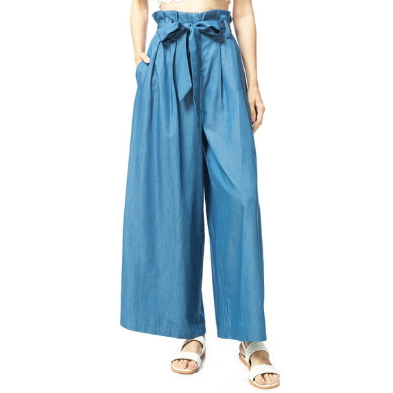 Women's Solid Colid Wide Leg Palazzo Elastic Waistband Tie Denim Jeans, Medium Denim, Small