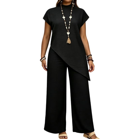 Women's Solid Collared Irregular Asymmetrical Hem Short Sleeve Top Wide Leg Pants 2 Piece Outfit, Loose Casual office Matching Set Black M(M)