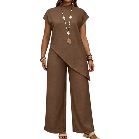 Women's Solid Collared Irregular Asymmetrical Hem Short Sleeve Top Wide Leg Pants 2 Piece Outfit, Loose Casual office Matching Set Brown S(S)