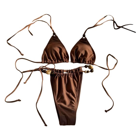 Women's Solid Color 2 Piece Swimsuit Set - Neck-Tie Design Open Back Drawstring Tie, Three-Point System Beaded Detailing Playful Beach Style,Size:L