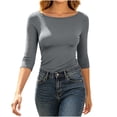 thumbnail image 1 of Women's Solid Color 3/4 Sleeve Boat Neck T Shirts Slim Fit Tight Basics Top Casual Comfy Tops Gray, 1 of 7