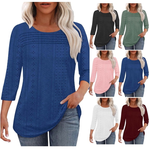 Women's Solid Color 3/4 Sleeve Round Neck T-Shirt Tee Top Casual Comfortable Loose Fit Breathable Cotton Blend Leisure Everyday Wear | CSEONE,Pink XL