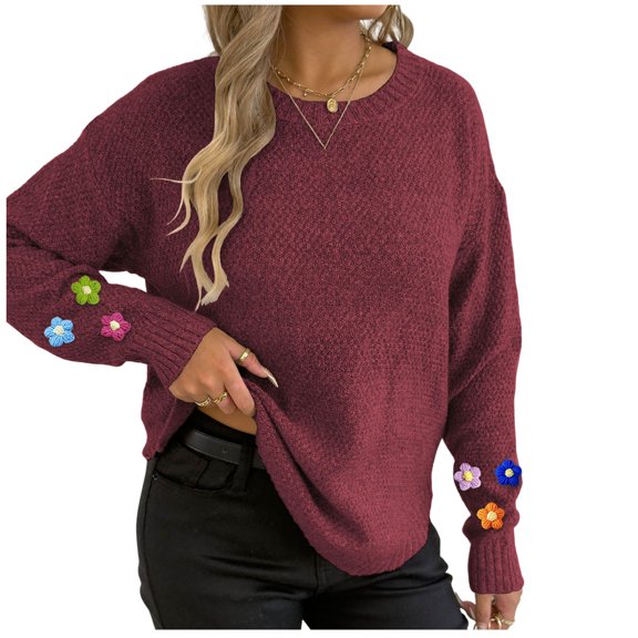 Women's Solid Color 3D Flower Knit Sweater 2025 Trendy Fall/Winter Round Neck Long Sleeve Pullover Soft Warm Fabric Casual Fashion Daily Wear Top