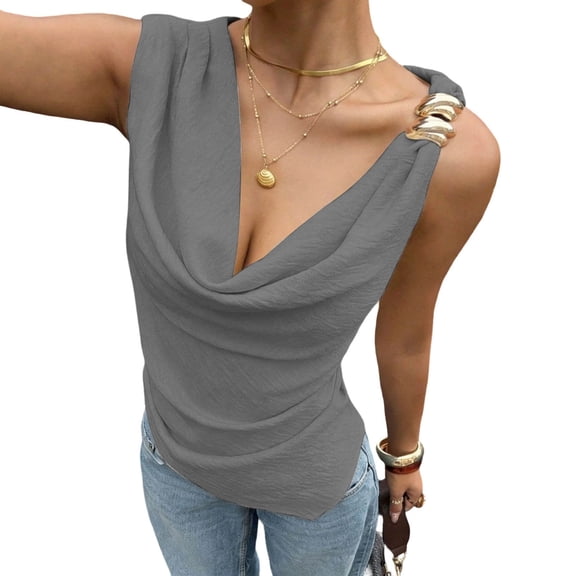 Women's Solid Color Asymmetrical Draped Cowl Neck Sleeveless Tank Top Going Out Tops Elegant with Metal Silver