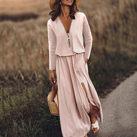 Women's Solid Color Autumn Long Sleeve Waist Zipper Sweater Dress With V Neck Short Dresses for Women Casual Tummy Hiding Dresses for Women Casual Dresses Knee Length for Women Long Wrap Dress Top