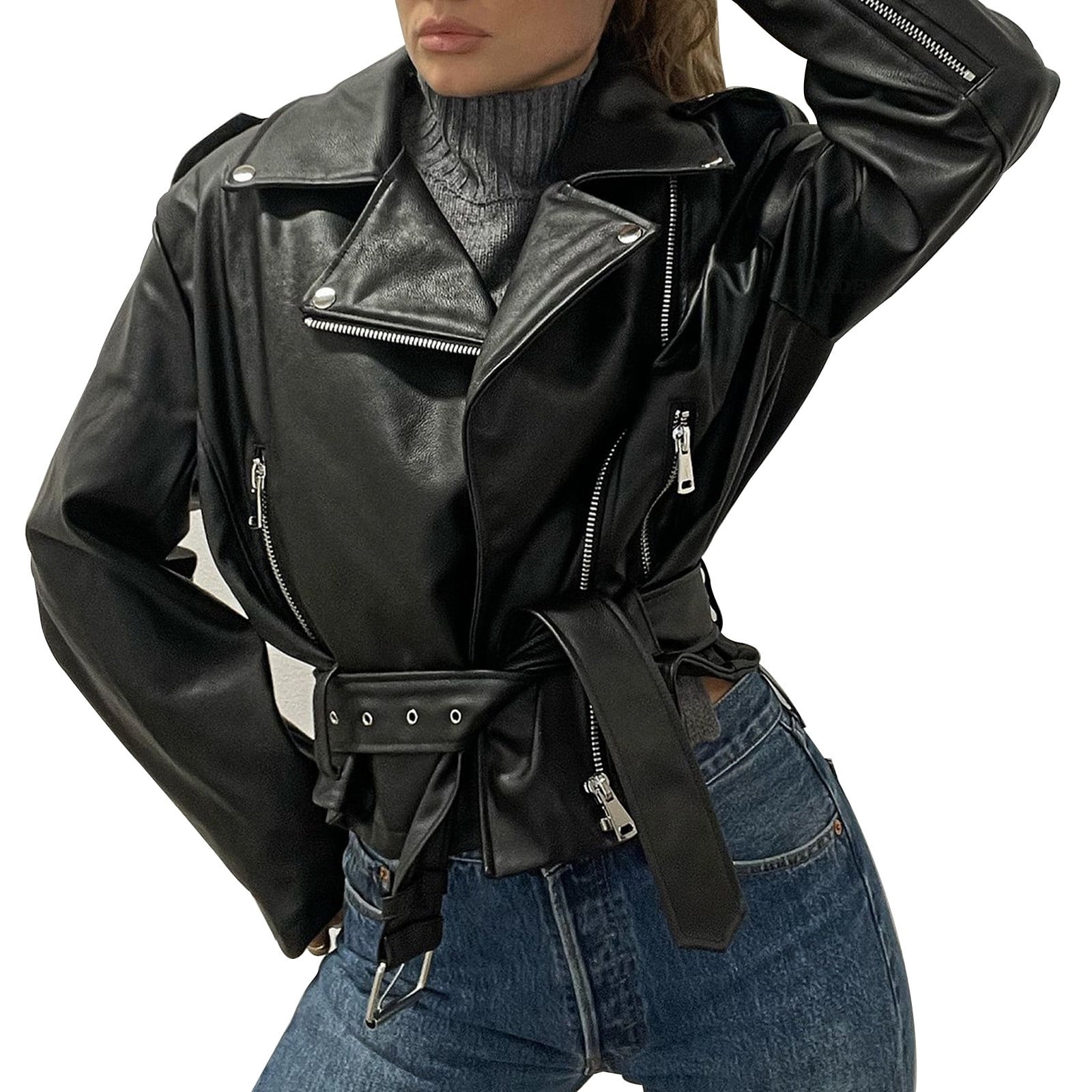 ジャケット・アウター short length fake leather jacket MakeMeChic Women's Casual Faux Leather Cropped Jacket Zip Up