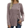 thumbnail image 1 of Women's Solid Color Autumn/winter Button Open Knit Cedar Round Collar Strip Top Long Sleeve T Shirt, 1 of 2