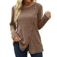 thumbnail image 1 of Women's Solid Color Autumn/winter Button Open Knit Cedar Round Collar Strip Top Long Sleeve T Shirt, 1 of 1