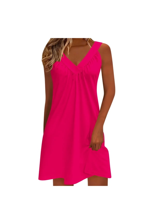 Women's Solid Color Babydoll Dress V Neck Stretch Fabric 2026 Wedding Guest Dress Casual Slip Dresses Flowy A-Line Outfit Cocktail Party Clothing